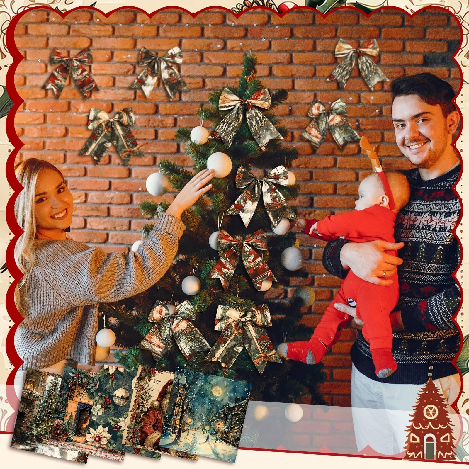 Family decorating a Christmas tree with festive bows and ornaments, with fabric squares visible in the foreground.