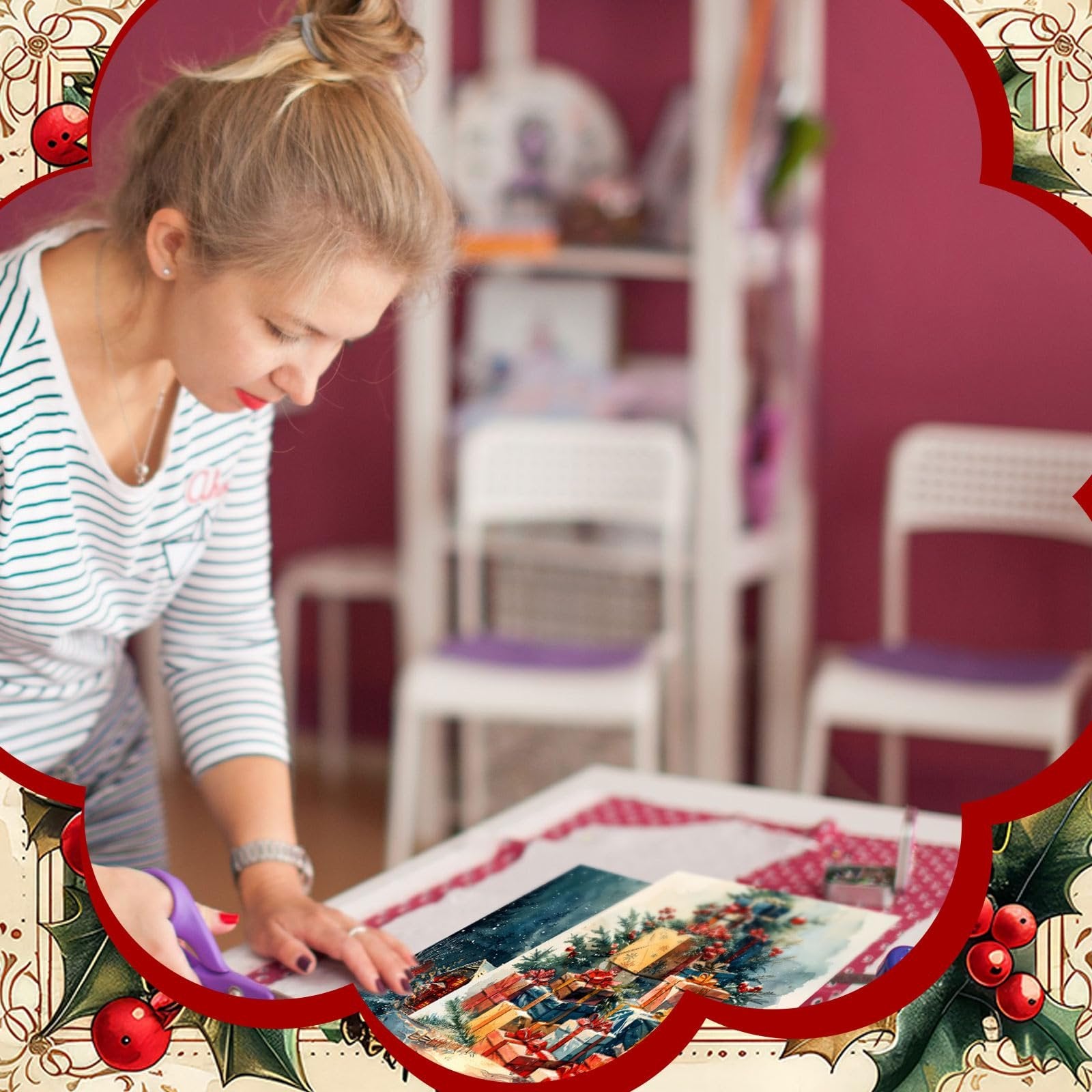 Woman cutting fabric with Christmas designs, surrounded by festive border