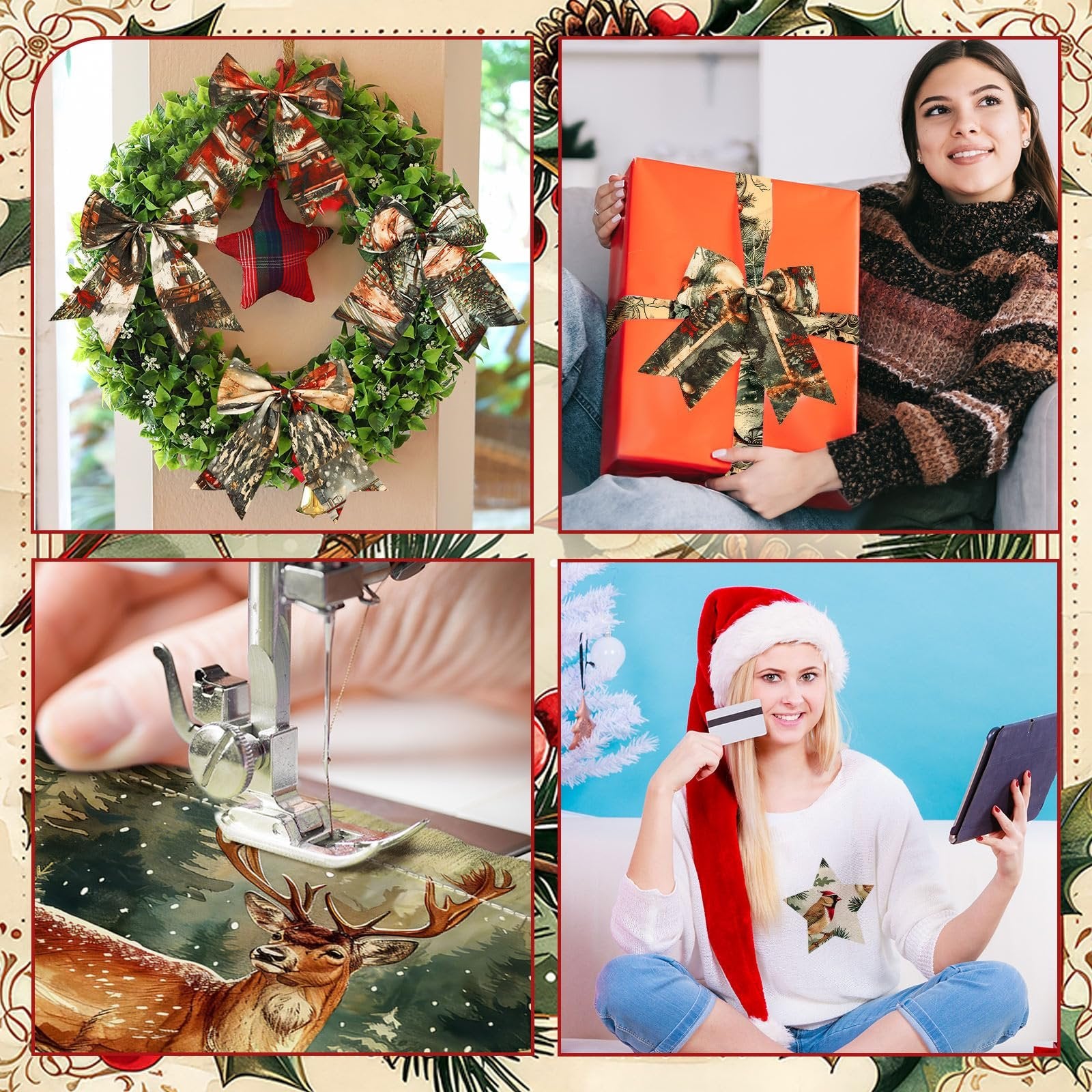 Collage of four Christmas-themed images: a wreath with bows, a person holding a wrapped gift, a sewing machine stitching fabric with a deer, and a woman in a Santa hat with a credit card and tablet.