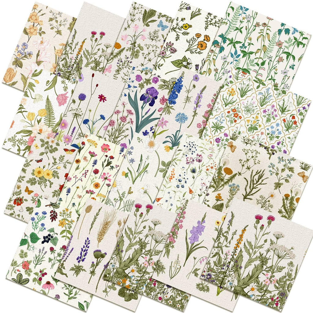 Collection of 20 fabric squares with various wildflower and botanical prints, arranged in a fanned layout.