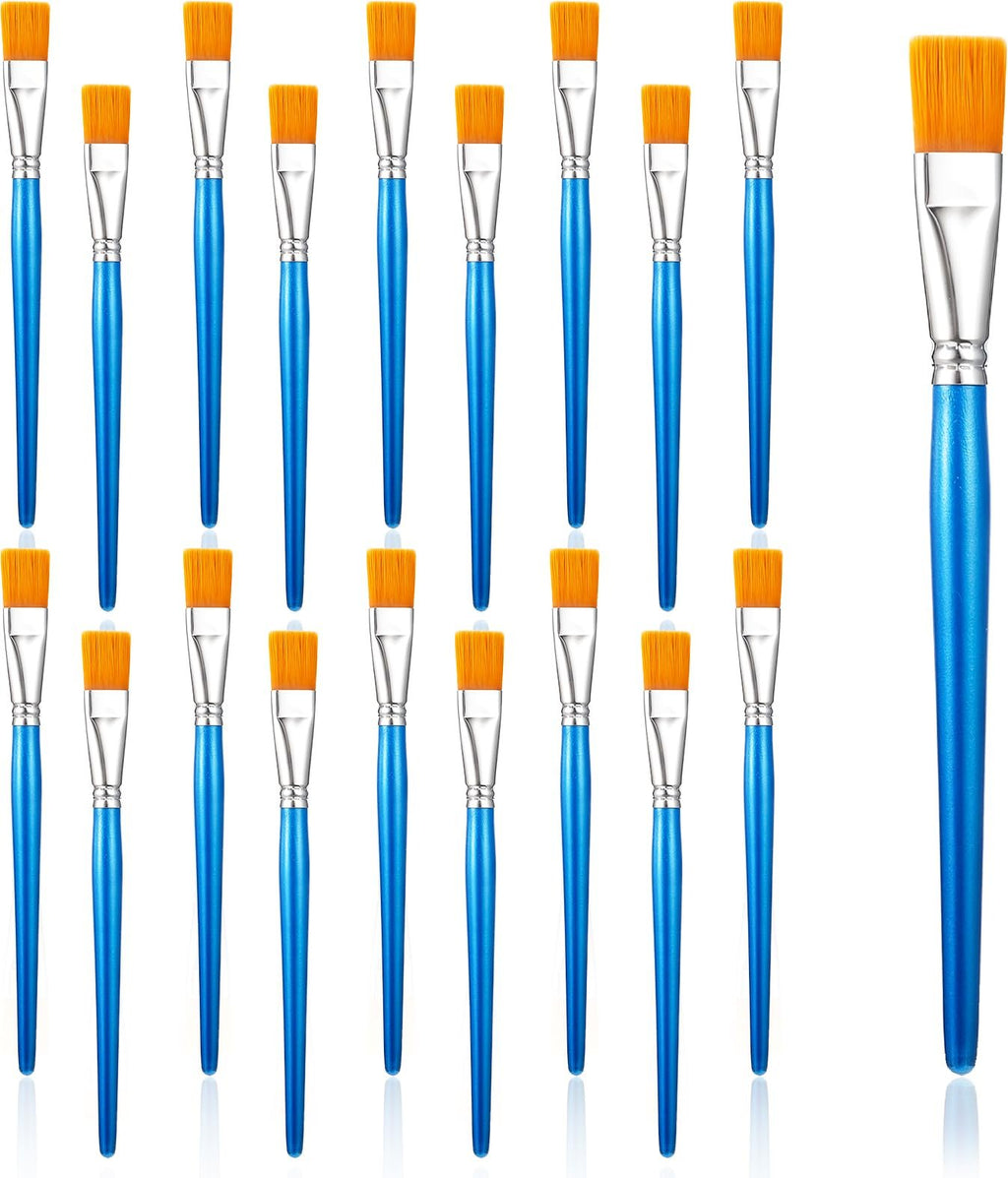 Set of 20 flat paint brushes with orange synthetic bristles and blue wooden handles, arranged in rows with one brush shown larger on the right.