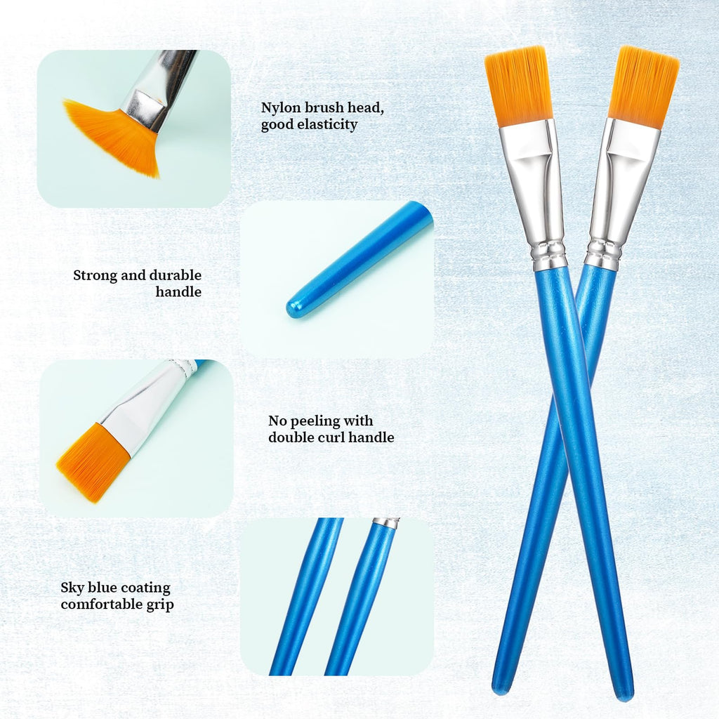 Two flat paint brushes with orange bristles and blue handles crossed on a textured background, with inset images showing brush details.
