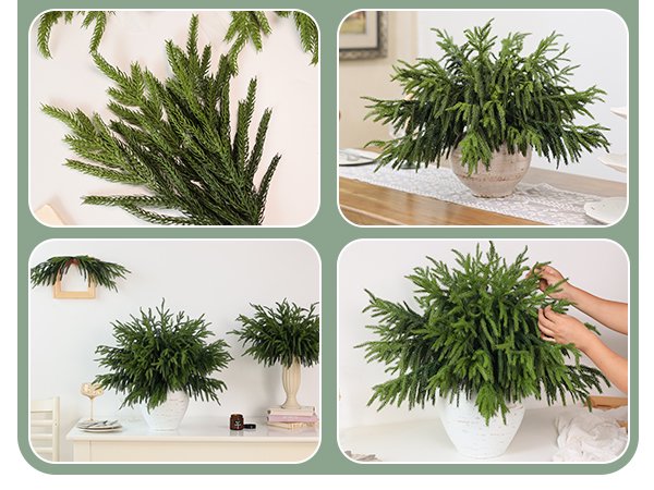 Four images showing artificial Norfolk pine branches arranged in vases and on a table, with hands adjusting the branches.