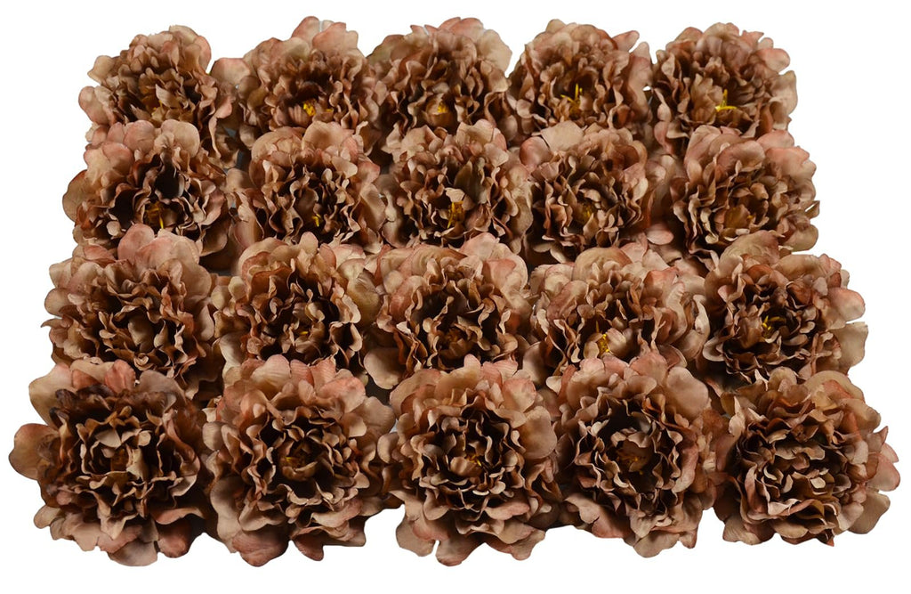 Twenty brown artificial peony flower heads with yellow centers, arranged in rows on a white background.