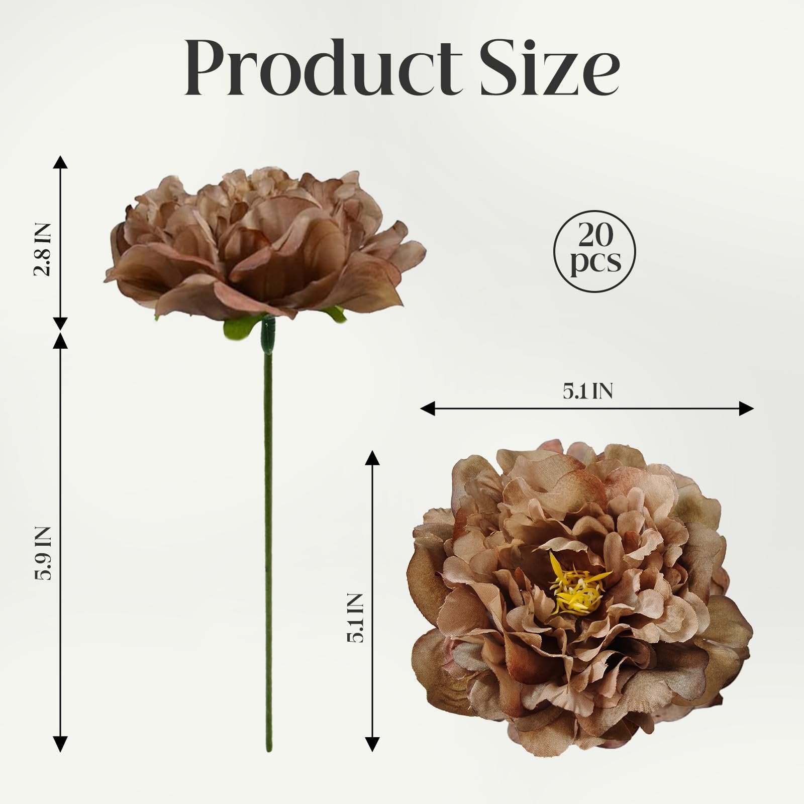 Two brown artificial peony flowers shown with size dimensions and a count of 20 pcs.