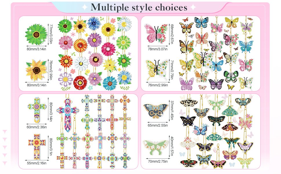 Diamond painting keychain kits featuring butterflies, flowers, and crosses with size dimensions shown.