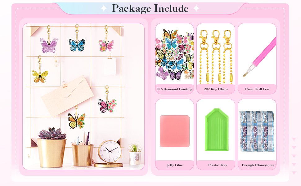 Diamond painting keychain kit contents including butterfly designs, key chains, drill pen, glue, tray, and rhinestones.