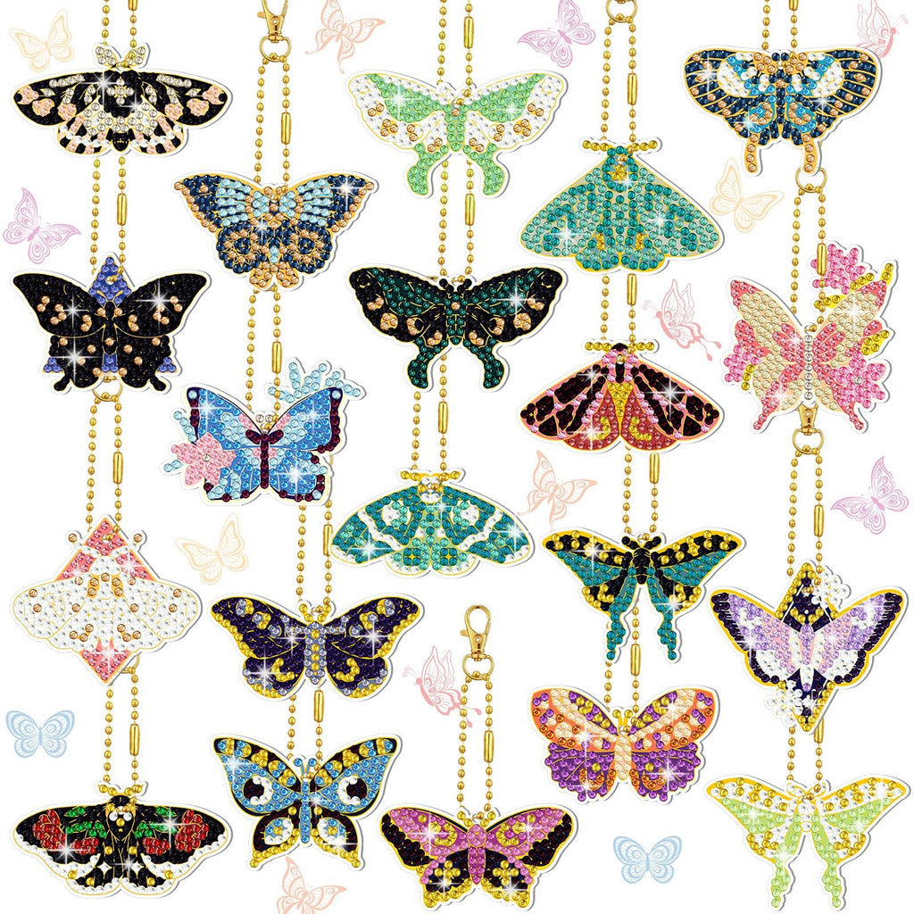 Collection of 20 diamond painting butterfly keychains in various colors and designs, each with a gold chain and clasp.