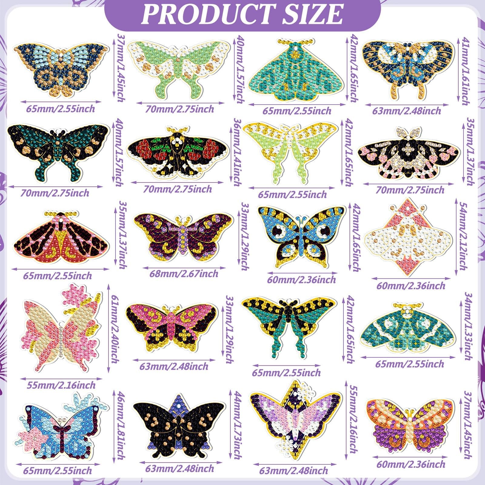Diamond painting butterfly ornaments with size dimensions in mm and inches
