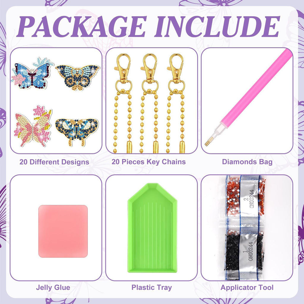 Diamond painting keychain kit contents: butterfly ornaments, keychains, drill pen, jelly glue, plastic tray, and diamond bags.