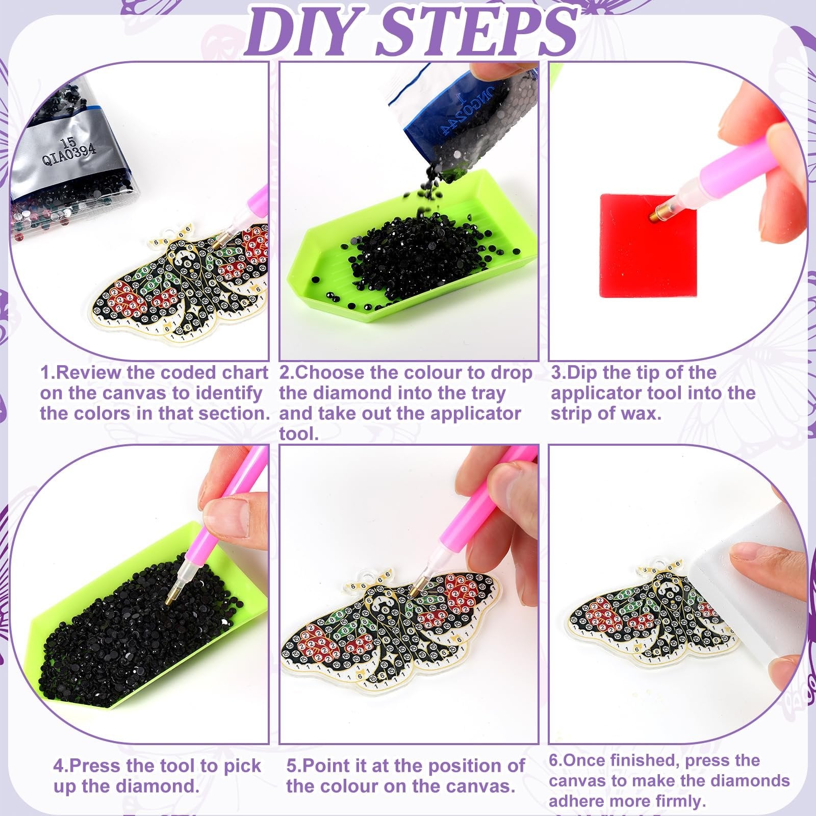 Diamond painting keychain DIY steps showing review chart, dropping diamonds, using wax, picking up diamonds, placing diamonds, and pressing canvas.