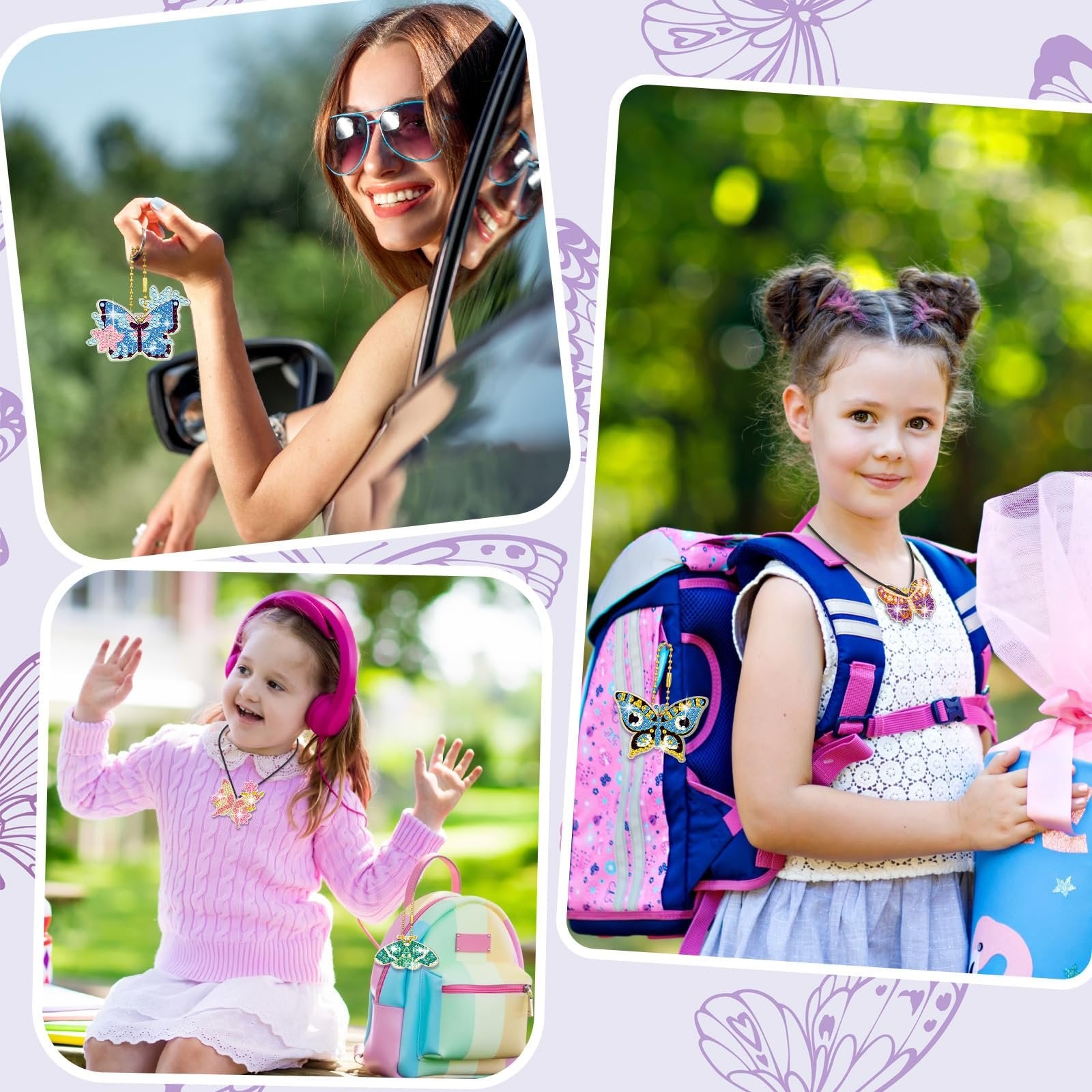 Collage of three images showing diamond painting butterfly keychains being used by women and children.