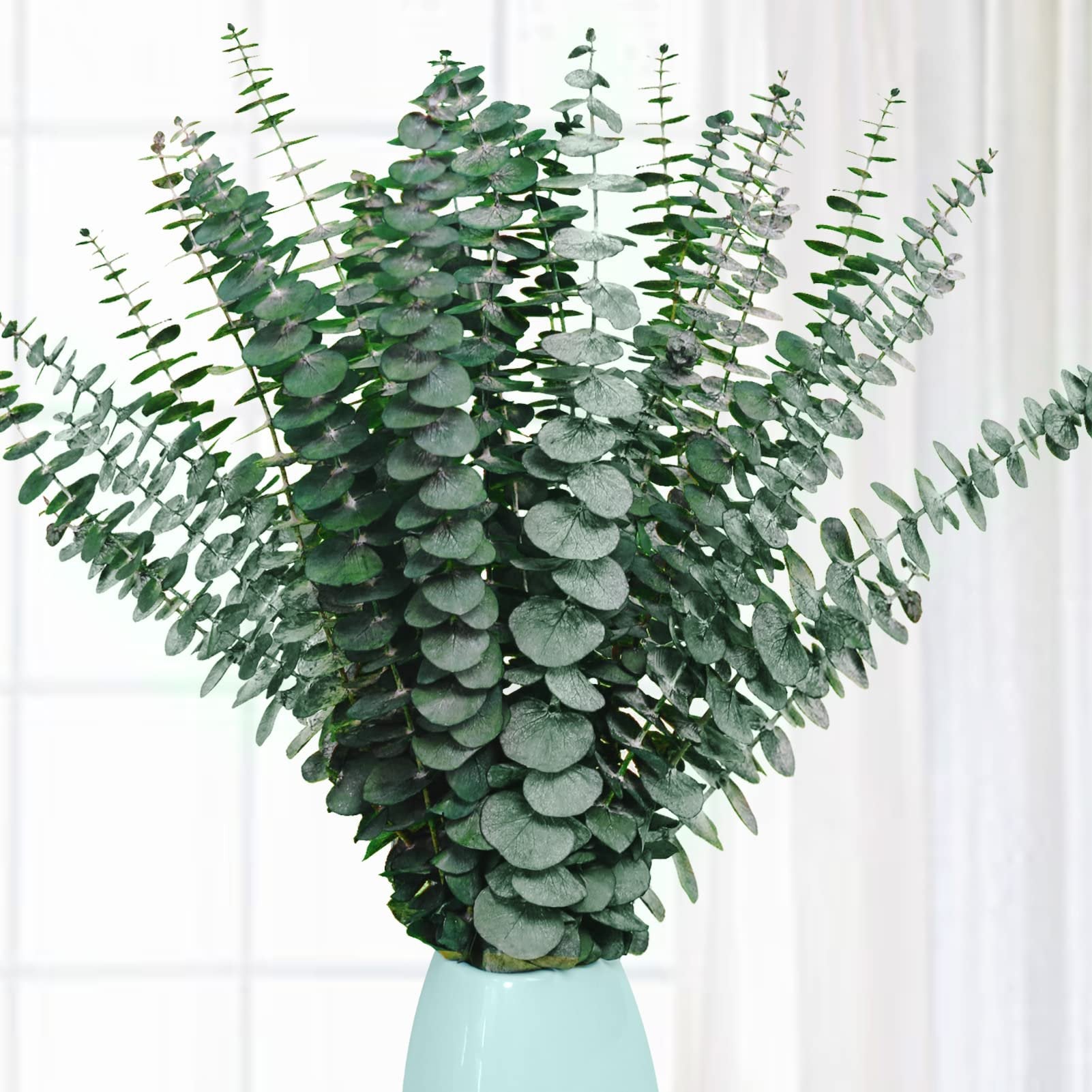 Bouquet of preserved dried eucalyptus stems in a light blue vase against a white curtain background.