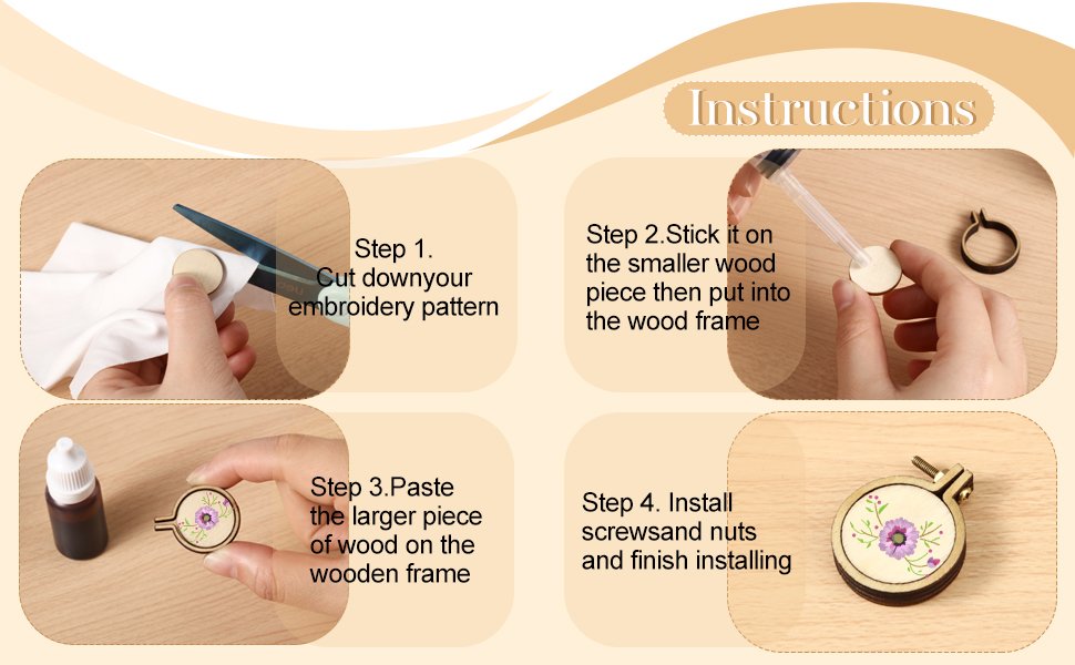 Instructions for making mini wood embroidery hoops, showing four steps of cutting pattern, gluing, and assembling.