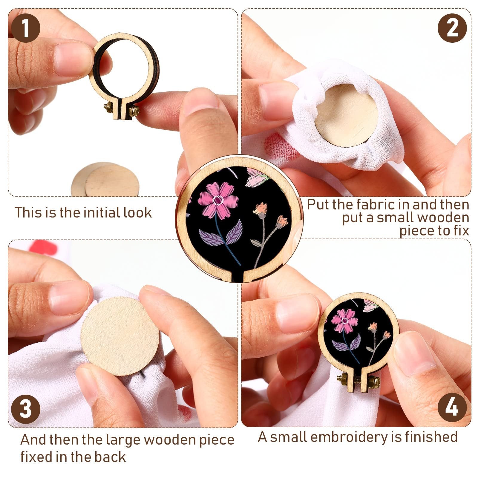 Four-panel image showing how to assemble a mini wood embroidery hoop with fabric and wooden pieces.