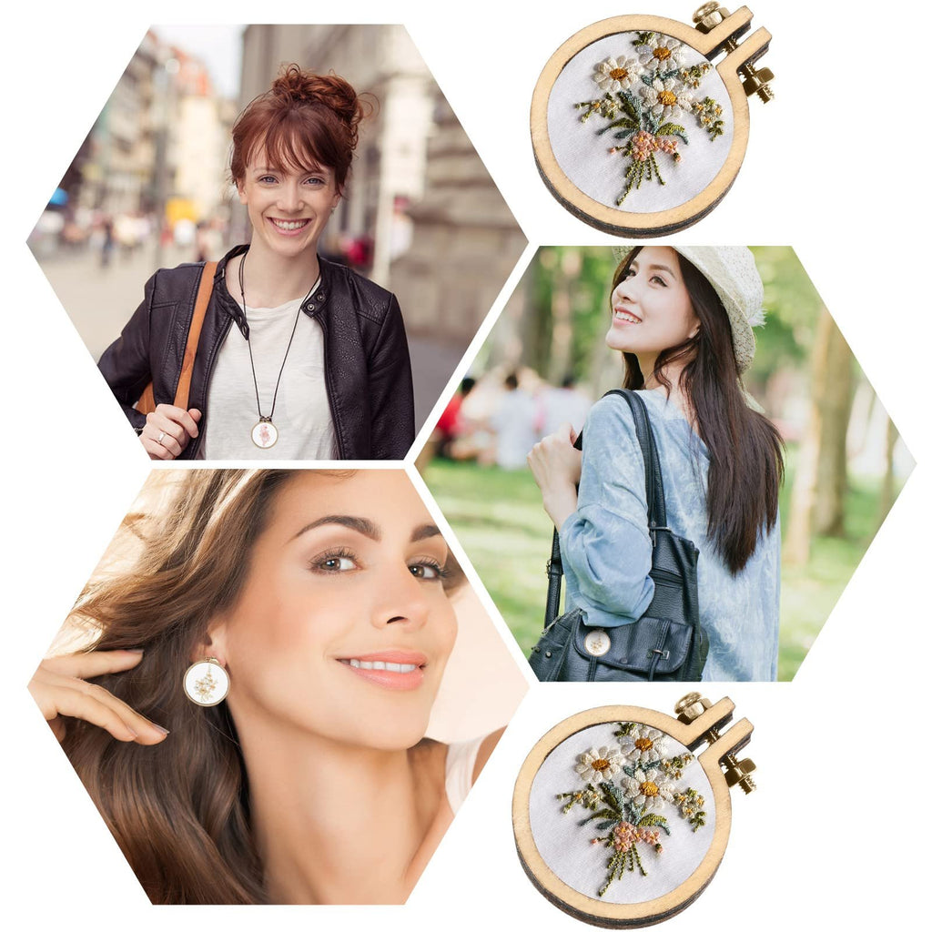 Collage of women showcasing mini wood embroidery hoops as jewelry and craft projects