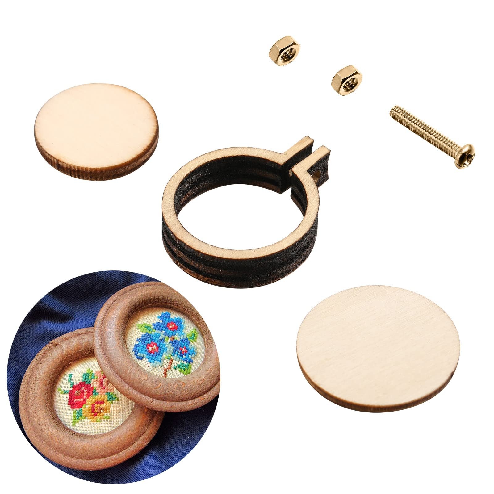 Mini wooden embroidery hoops and wooden circles with screws and nuts on a white background, with two finished embroidered ornaments in a circular inset.
