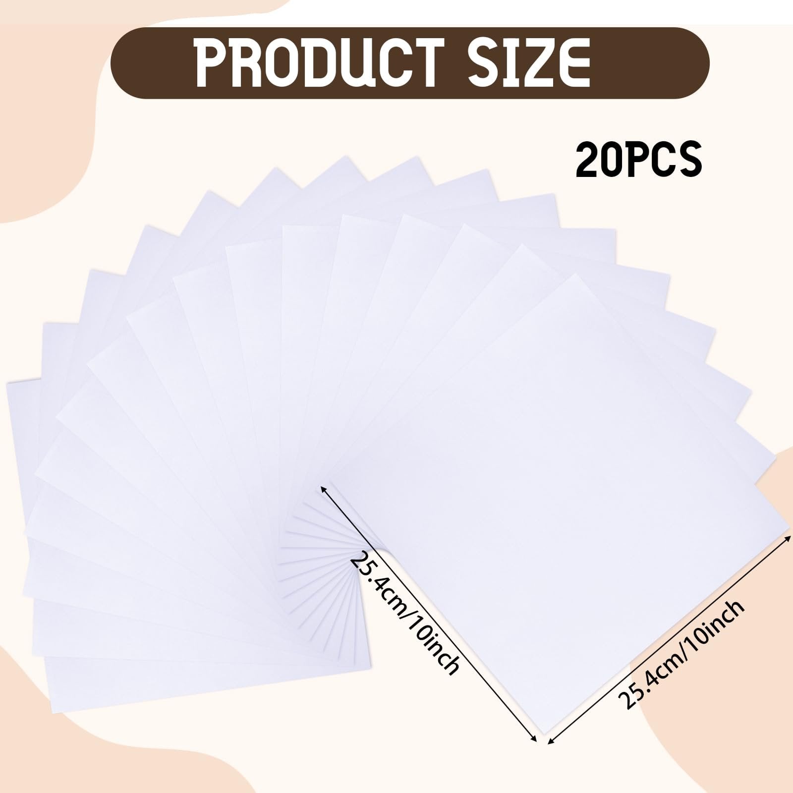 Stack of 20 white cotton fabric squares, each 10x10 inches, shown fanned out with size dimensions indicated.