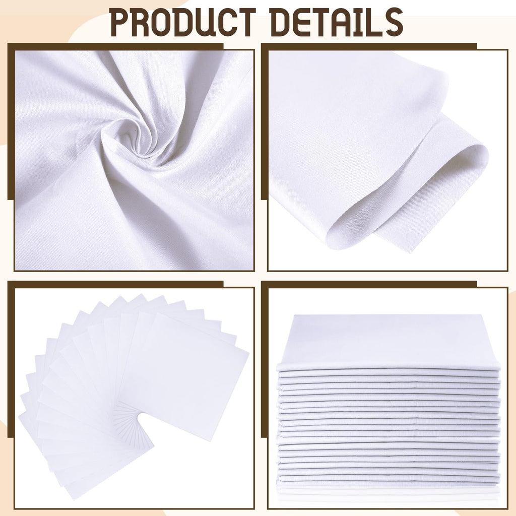 Four close-up views of white cotton fabric squares for crafts, showing texture and stacked piles.