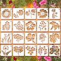 Collection of 20 square flower stencils with various floral designs, arranged on a wooden background with floral accents.