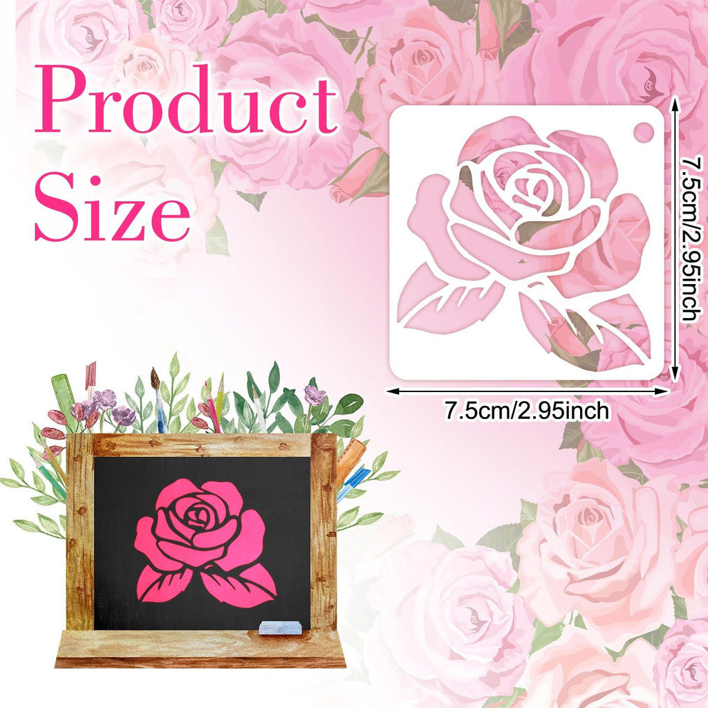 Rose stencil on white background with size indicators and chalkboard illustration