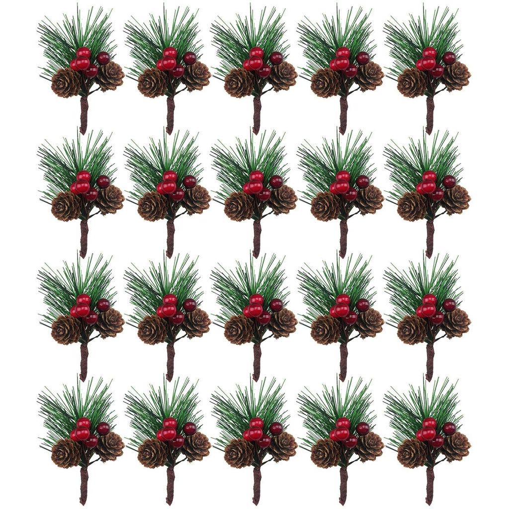 Twenty artificial pine picks with red berries and pinecones arranged in five rows on a white background.