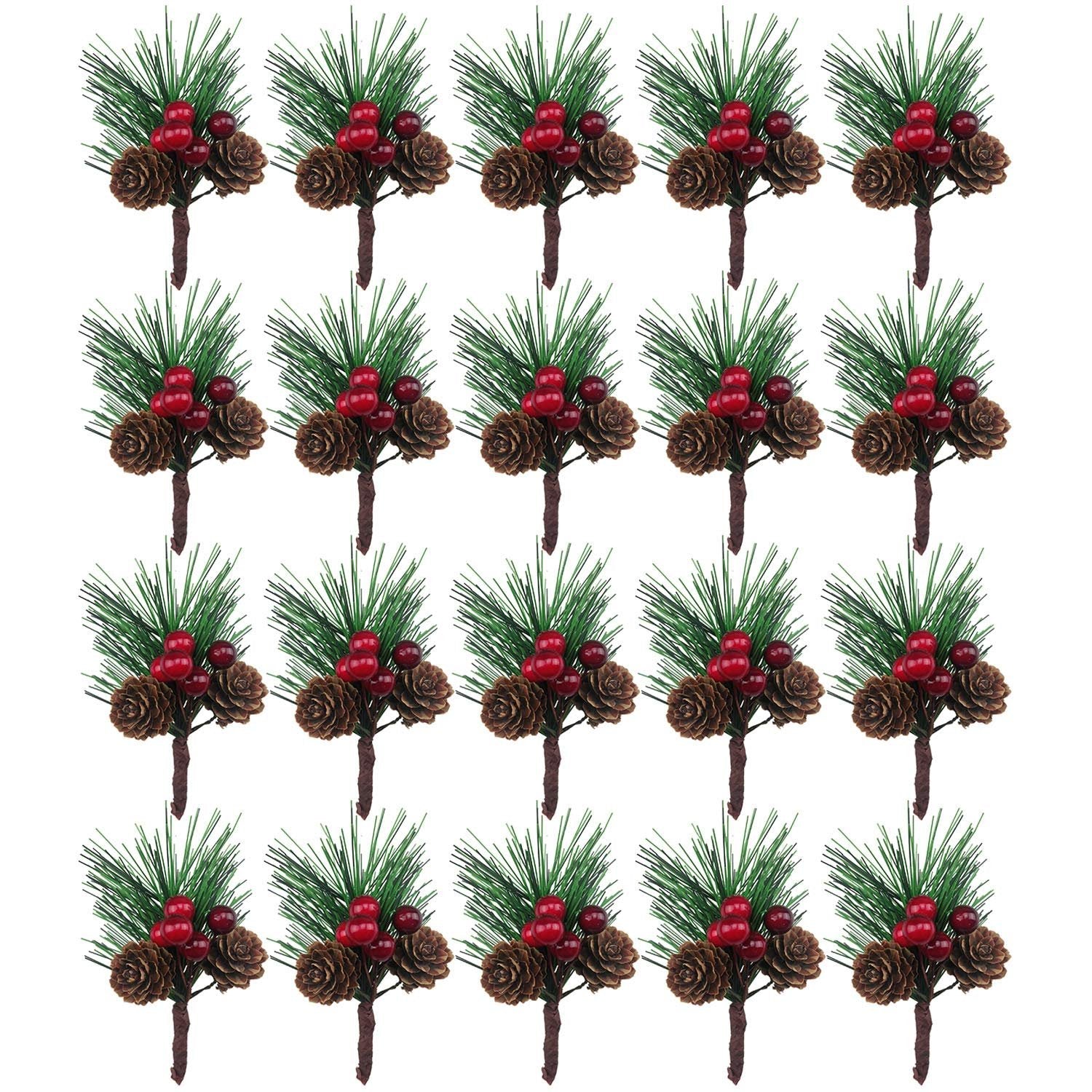 Twenty artificial pine picks with red berries and pinecones arranged in five rows on a white background.