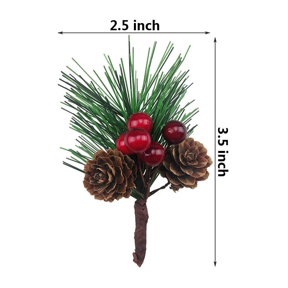 Artificial pine pick with red berries and pinecones, showing dimensions 2.5 inches wide and 3.5 inches tall.
