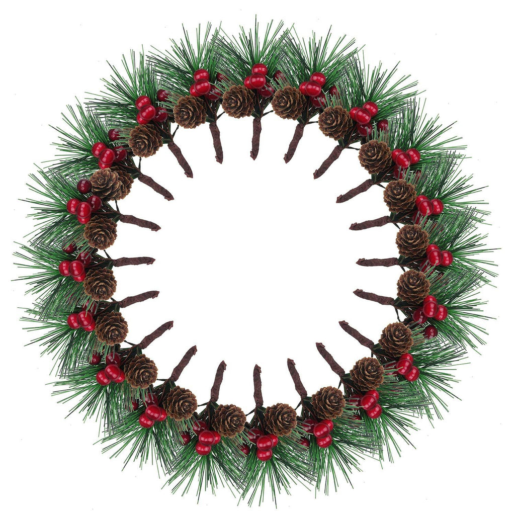 Circular arrangement of artificial pine picks with red berries and pinecones on white background