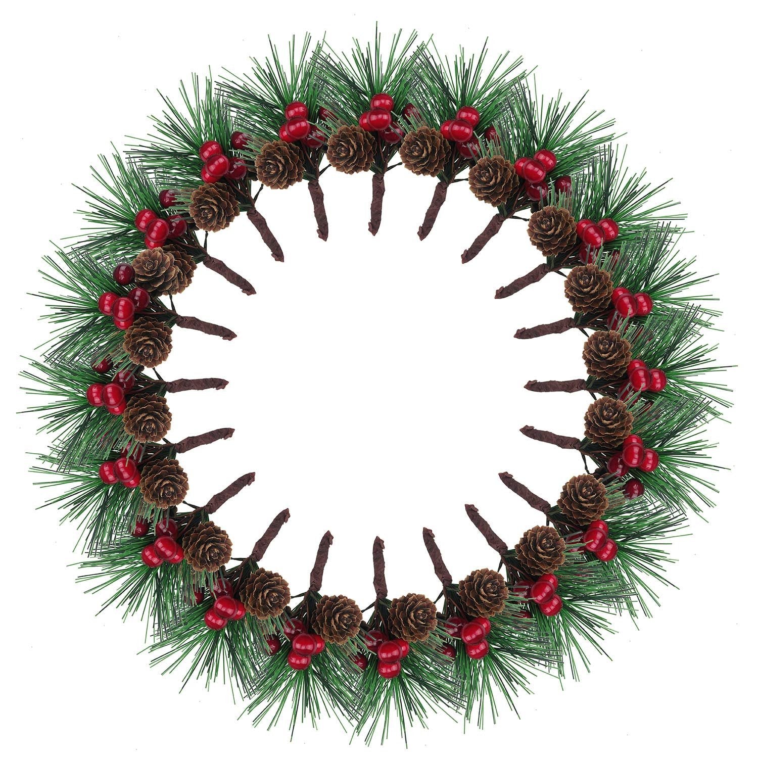 Circular arrangement of artificial pine picks with red berries and pinecones on white background