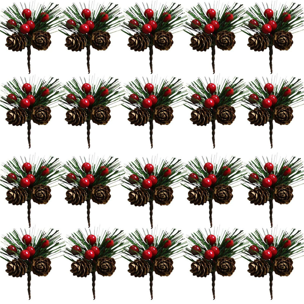 Multiple artificial pine picks with red berries and pinecones arranged in a grid on a white background.