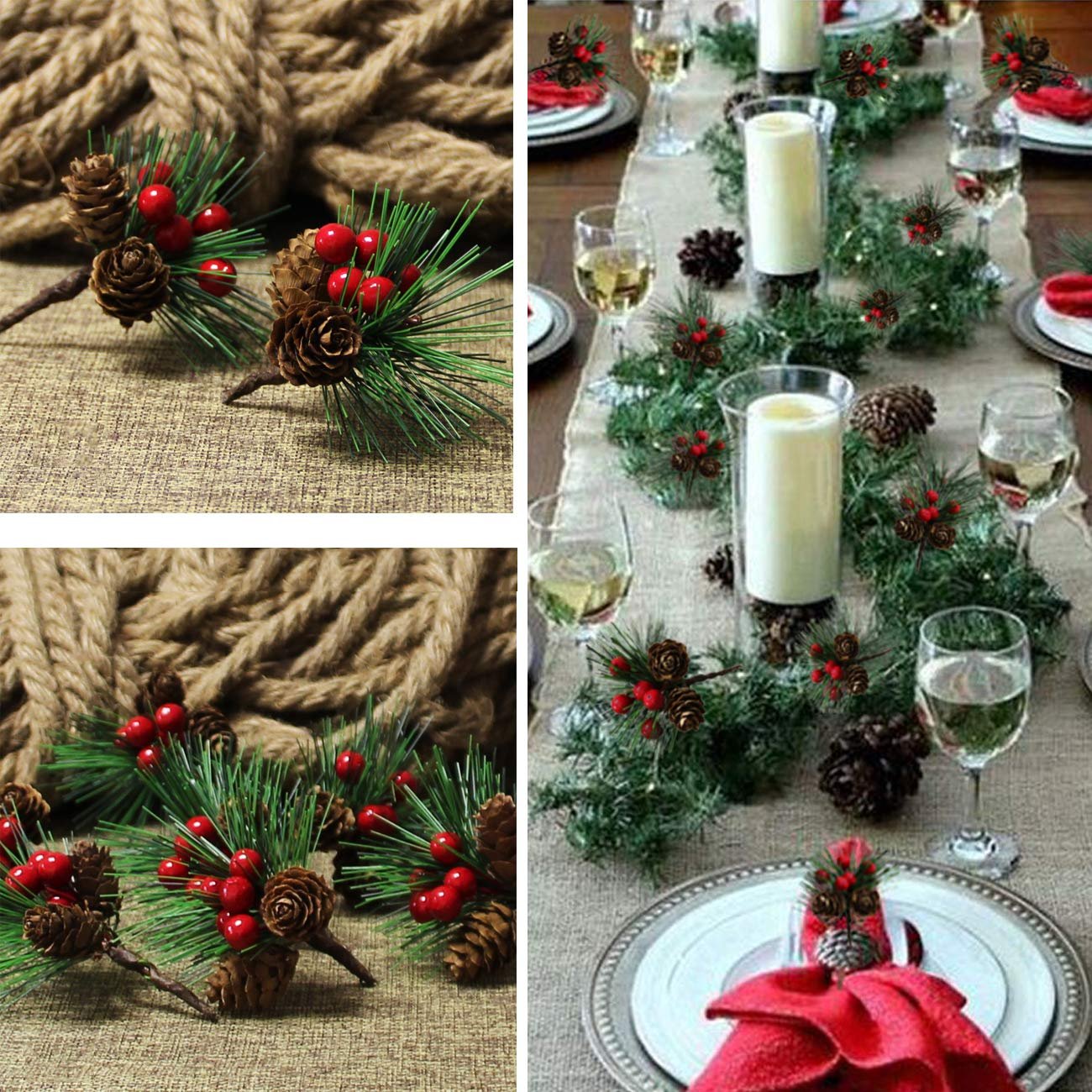 Close-up of artificial pine picks with pinecones and red berries on a textured background, and a festive table setting with pine garland and place settings.