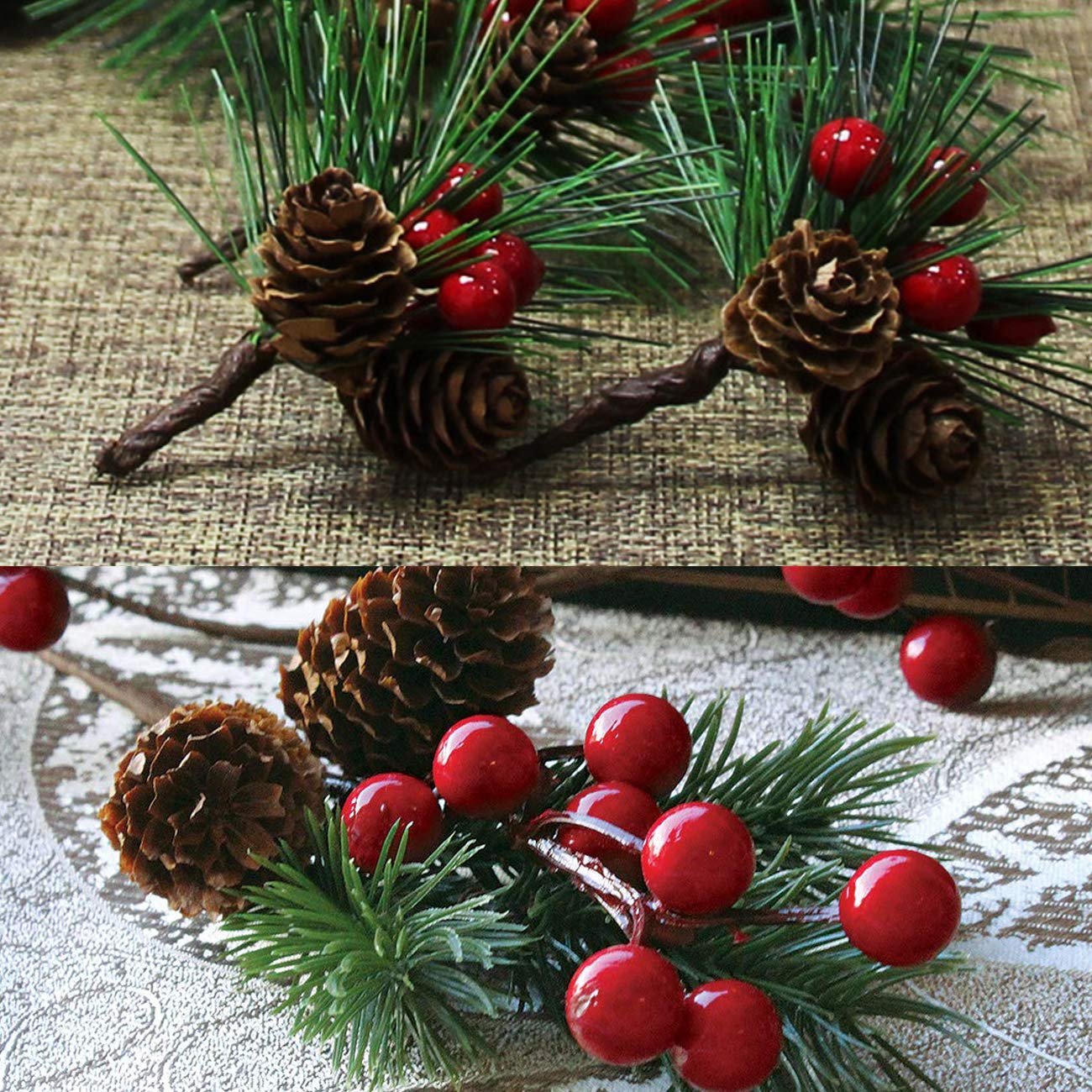 Artificial pine picks with pinecones and red berries on a textured surface, close-up shots.