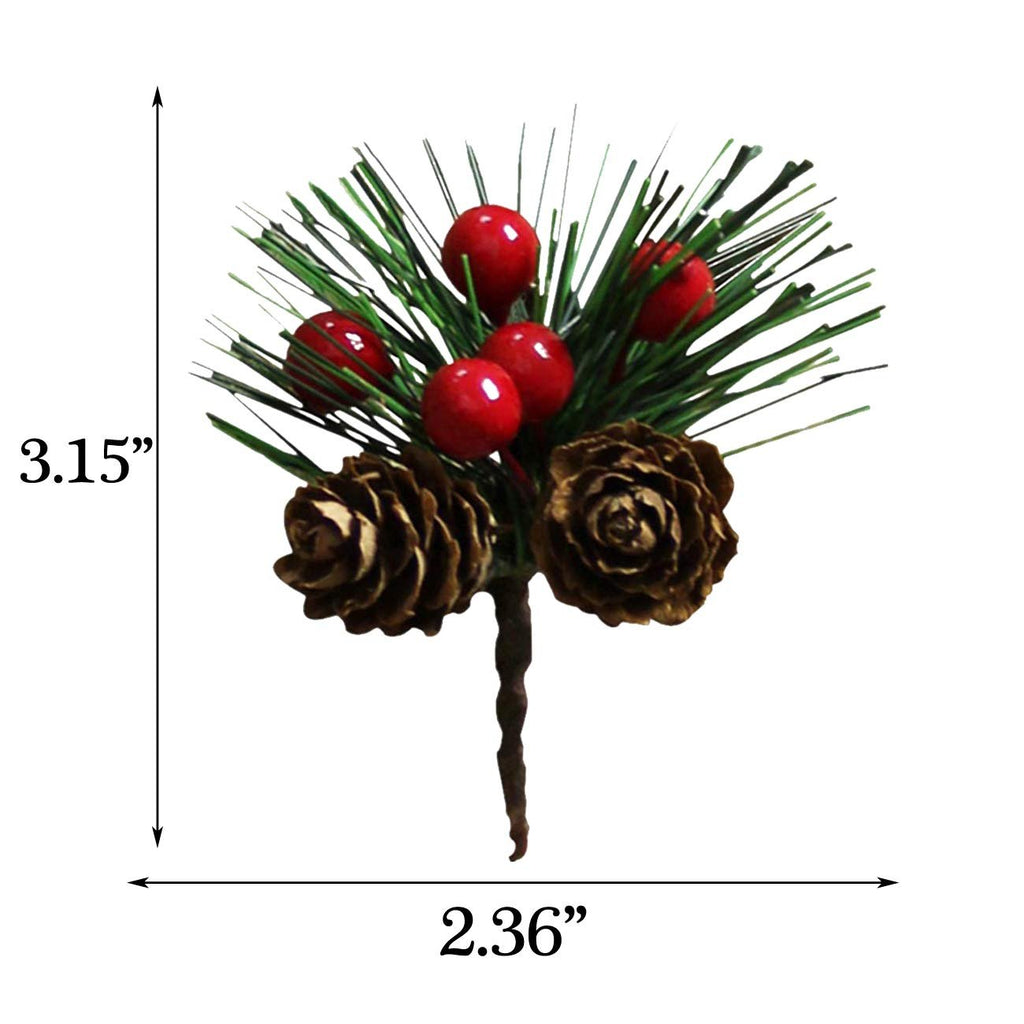 Artificial pine pick with red berries and pinecones, showing dimensions 3.15 inches tall and 2.36 inches wide.