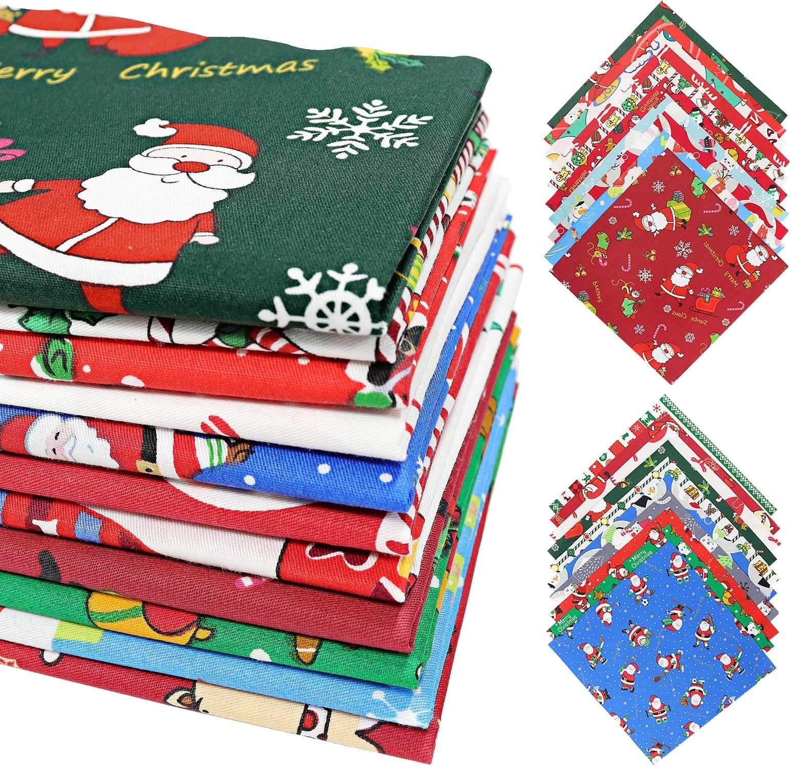 Stack of Christmas-themed cotton fabric squares with Santa and snowflakes, and a fanned-out display of more squares.