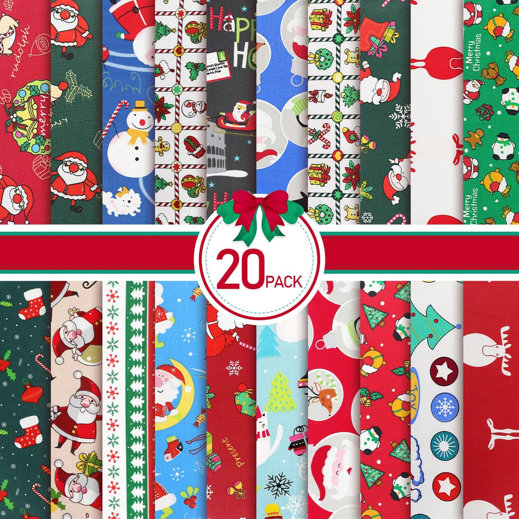 Collection of 20 Christmas-themed fabric squares with various holiday patterns like Santa, snowmen, reindeer, and trees.