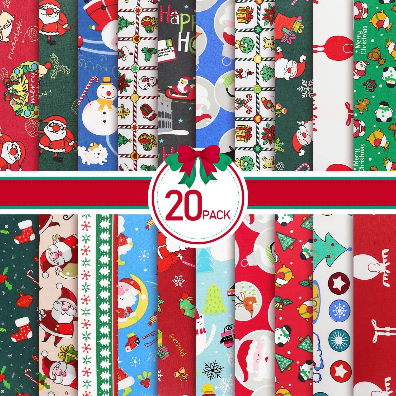 Collection of 20 Christmas-themed fabric squares with various holiday patterns like Santa, snowmen, reindeer, and trees.