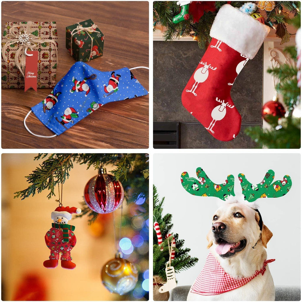 Collage of four Christmas-themed images: fabric face mask and gifts, red stocking, snowman ornament, and dog wearing antlers.