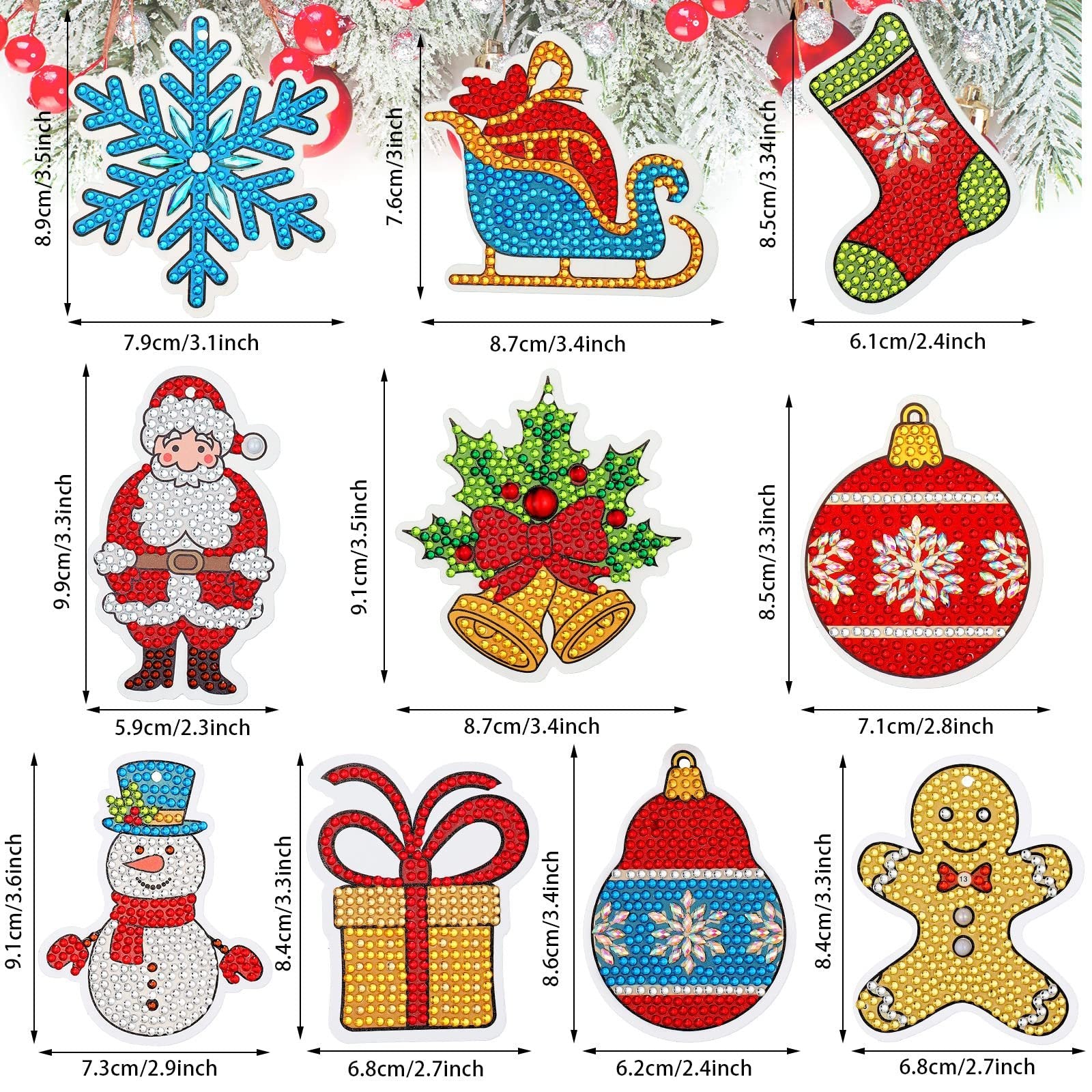 Diamond art Christmas ornaments including snowflake, sleigh, stocking, Santa, bells, bauble, snowman, gift box, and gingerbread man with size dimensions.
