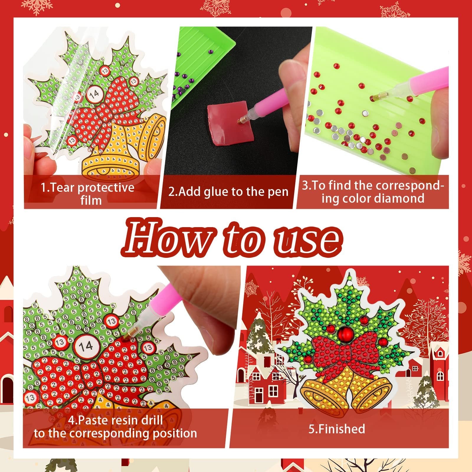 Diamond art kit instructions showing steps to create a Christmas holly and bells ornament. Includes close-ups of applying diamonds and the finished product.
