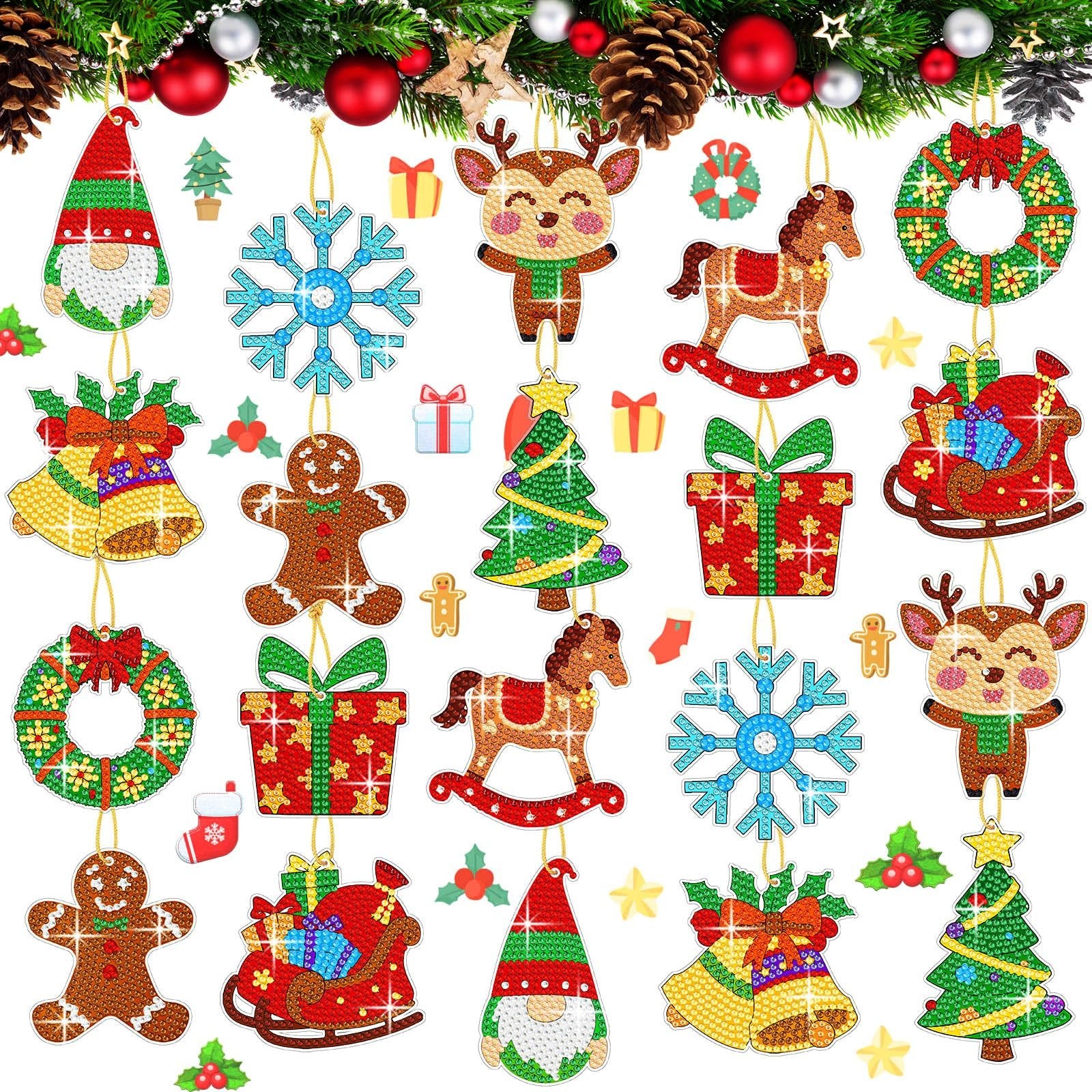 Collection of 20 diamond painting Christmas ornaments including reindeer, gingerbread men, snowflakes, trees, bells, and wreaths.