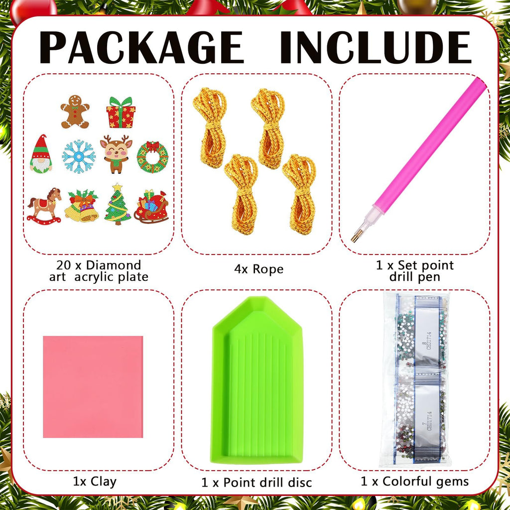 Christmas diamond painting ornament kit contents: acrylic plates with designs, rope, drill pen, clay, drill disc, and colorful gems.
