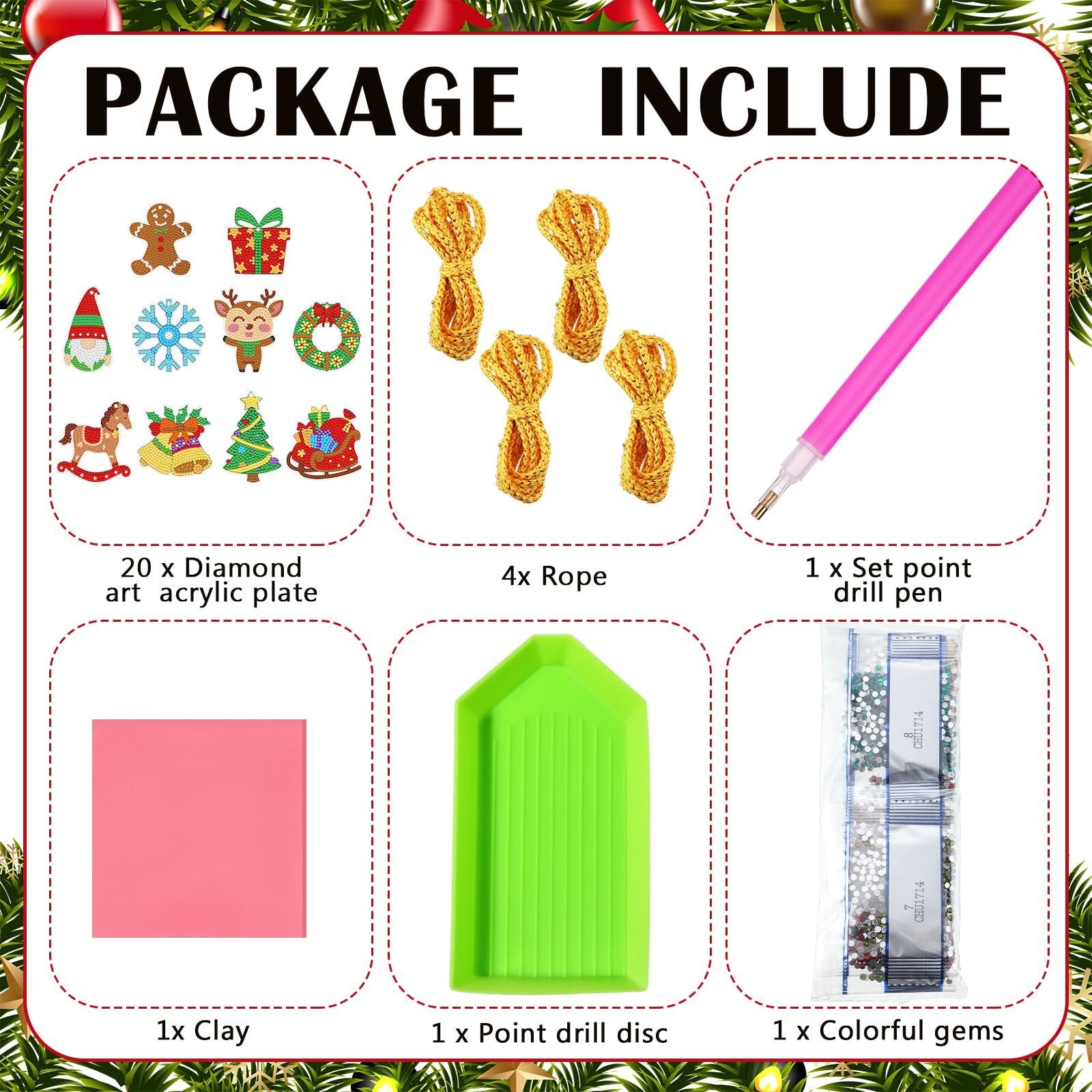 Christmas diamond painting ornament kit contents: acrylic plates with designs, rope, drill pen, clay, drill disc, and colorful gems.