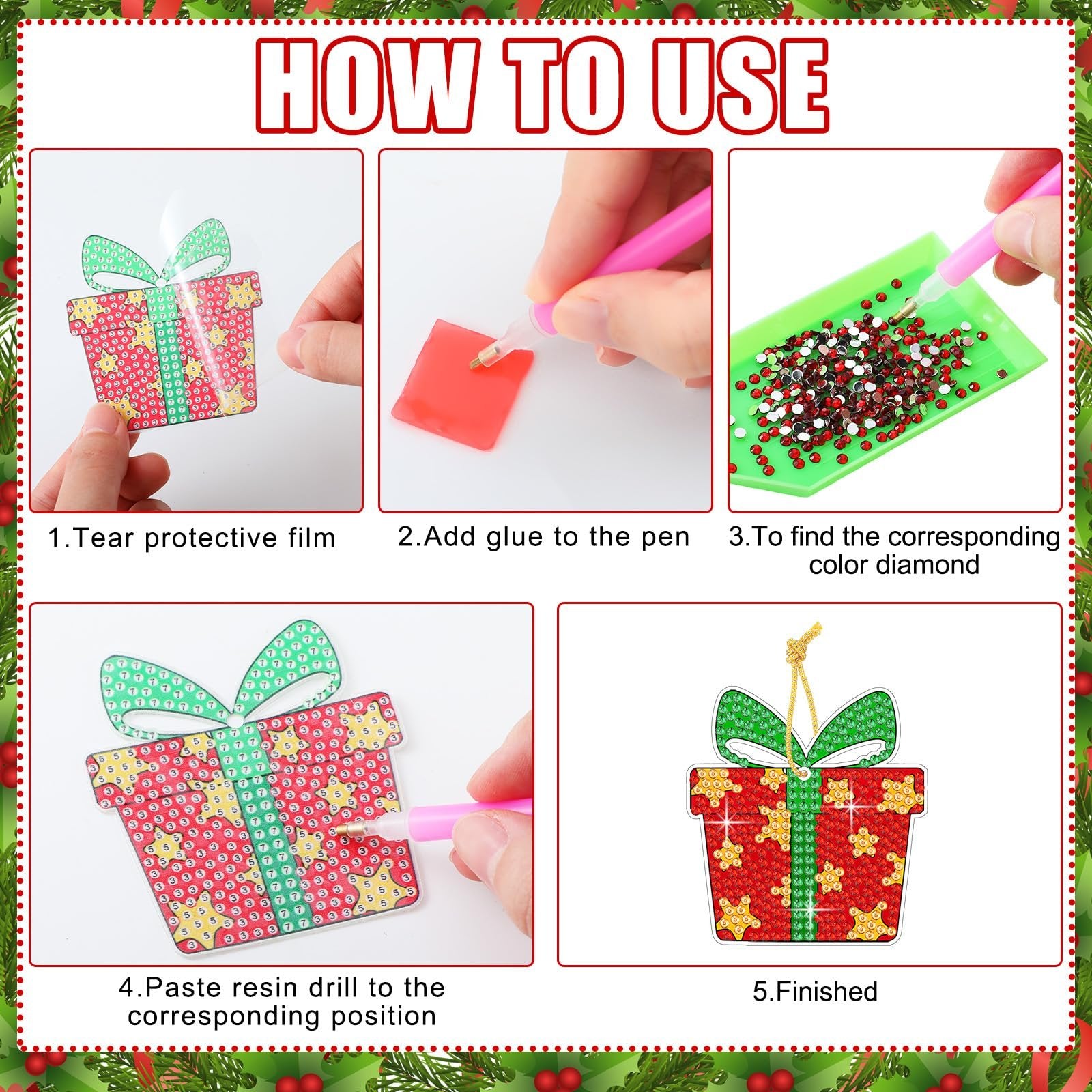 Diamond painting ornament kit instructions showing steps to create a gift shape with rhinestones.