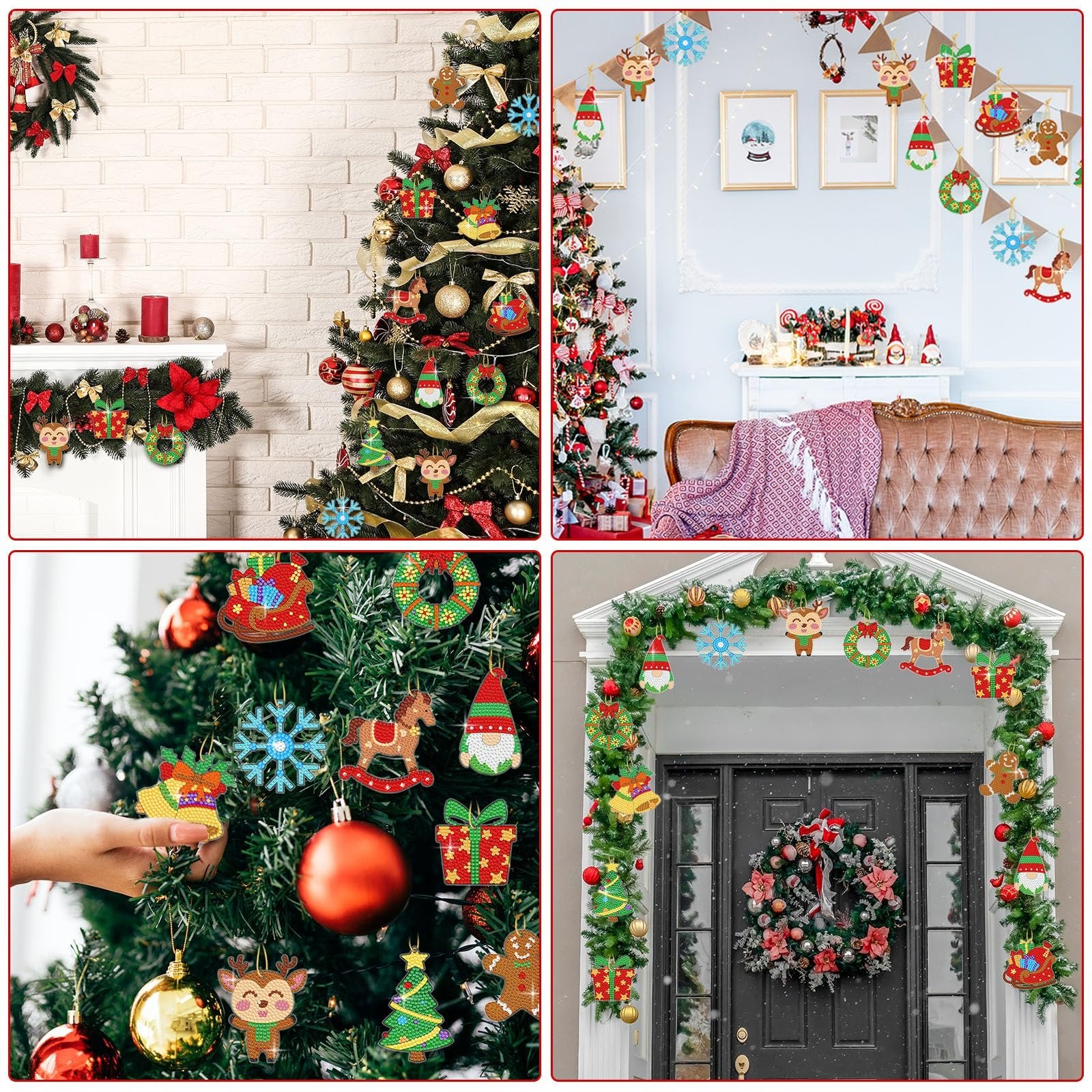 Collage of Christmas diamond painting ornaments decorating a tree, mantel, and doorway.