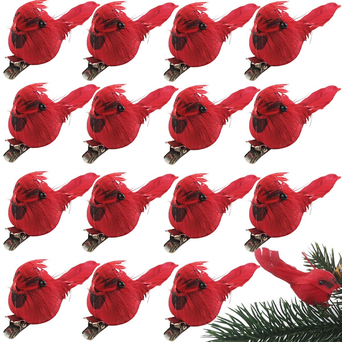 Grid of 19 red cardinal clip-on ornaments with metal clips, one ornament on a pine branch in the lower right corner.