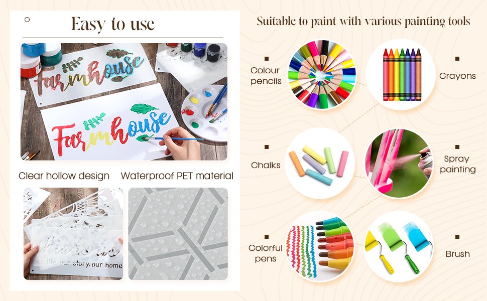 Plastic stencils for painting with text and decorative patterns, shown with art supplies like paints, brushes, pencils, and spray paint.