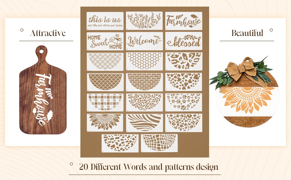 Collection of 20 plastic stencils for painting wood signs, featuring words and patterns like farmhouse, welcome, and animal prints.