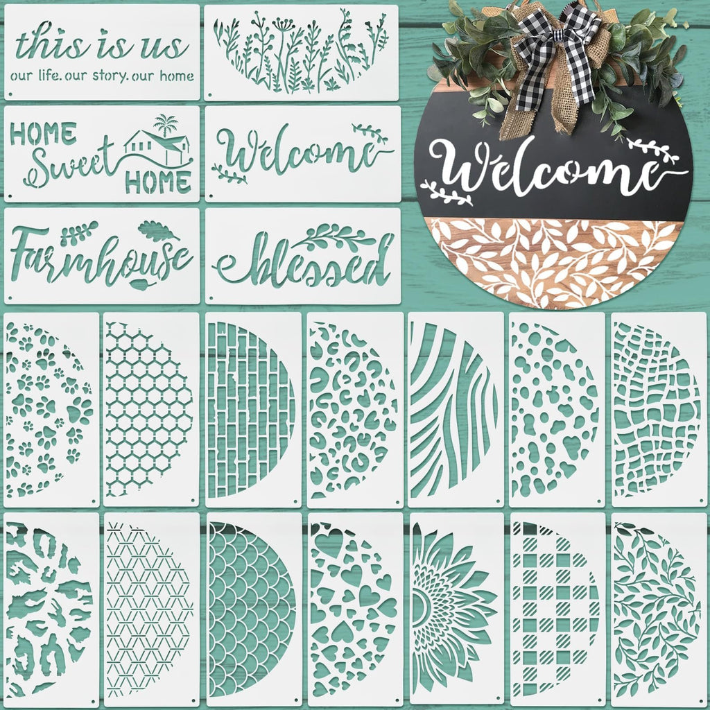 Collection of 20 plastic stencils for wood sign painting, featuring various words and patterns like 'this is us', 'Home Sweet Home', 'Farmhouse', 'blessed', and decorative designs.