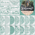 Collection of 20 plastic stencils for wood sign painting, featuring various words and patterns like 'this is us', 'Home Sweet Home', 'Farmhouse', 'blessed', and decorative designs.